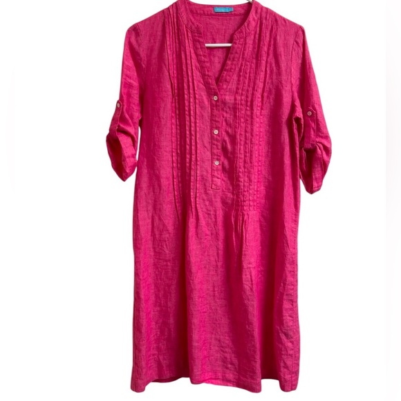 J Mclaughlin Riviera Linen Dress size XS Pintuck Pop Over Roll Tab Sleeve Pink - Picture 1 of 10